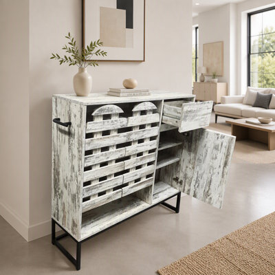 Armoire de style campagnard 44,3 "avec rangement, console de bar avec rangement, armoire de rangement rustique avec portes en treillis arquées et tiroir - pour le salon, la cuisine, le vestibule rétro blanc