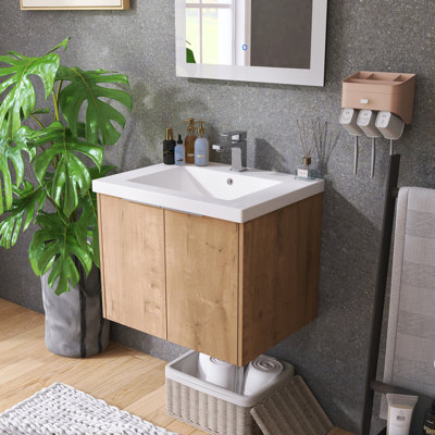 24'' Single Floating Bathroom Vanity with Resin Basin Sink Top, Wall Mounted Bathroom Vanity with 2 Soft Close Doors