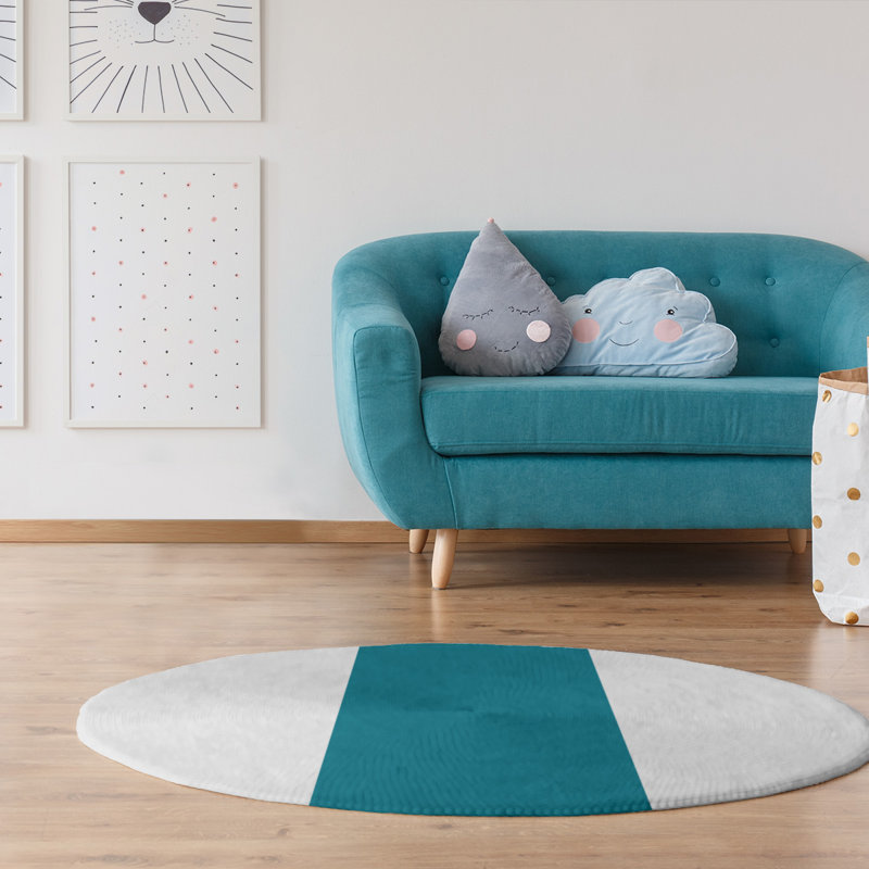 Tapis bleu sarcelle/blanc, Rond 5 pi