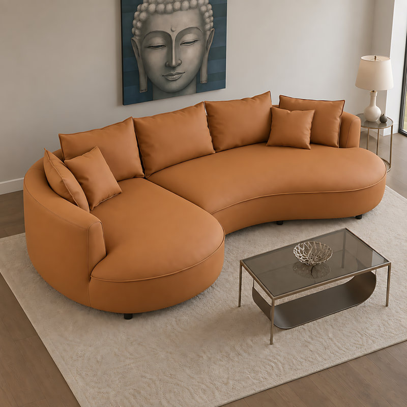 Canapé d'angle incurvé moderne de 328 cm (129 po), canapé trois places en forme de L avec méridienne à gauche, Orange