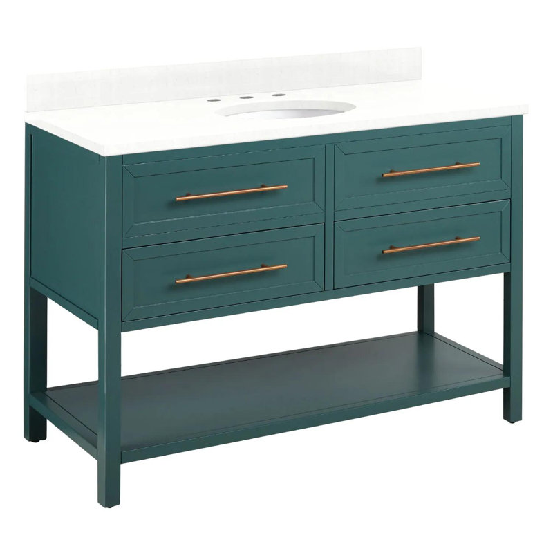 48" Robertson Single Bathroom Vanity Set with Oval Undermount Sink, Black, 8" Widespread, Feathered White Quartz