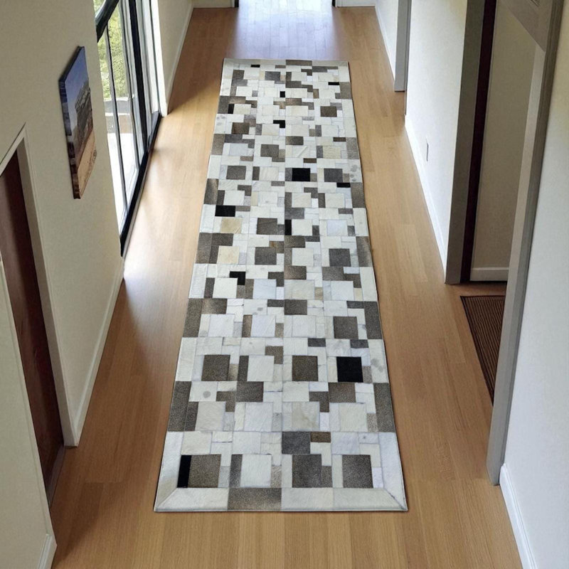 Tapis blanc en cuir de vache gris, tapis en cuir patchwork pour la décoration intérieure, Rectangulaire 2 pi x 3 pi