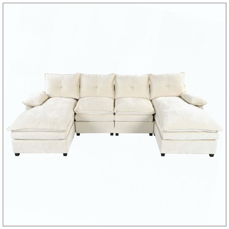 U-Shaped Chenille Sectional Sofa Adjustable Armrest Pillows, Beige