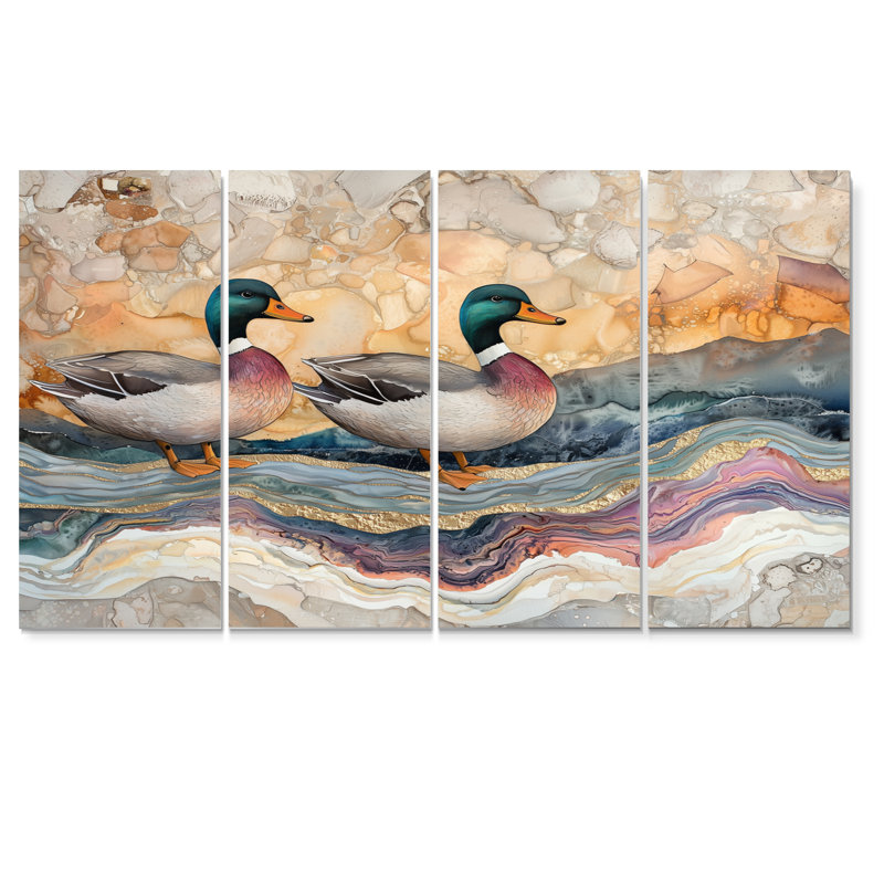 «Ducks Family At The Lake Landscape IV» - Art mural animal canard - Art mural moderne sur toile, H 32 po x l 64 po