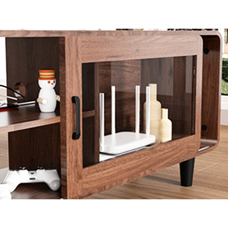 Meuble audio-vidéo en noyer de 60 à 69 pouces avec portes coulissantes et support de rangement en bois peu commun, tablettes ouvertes