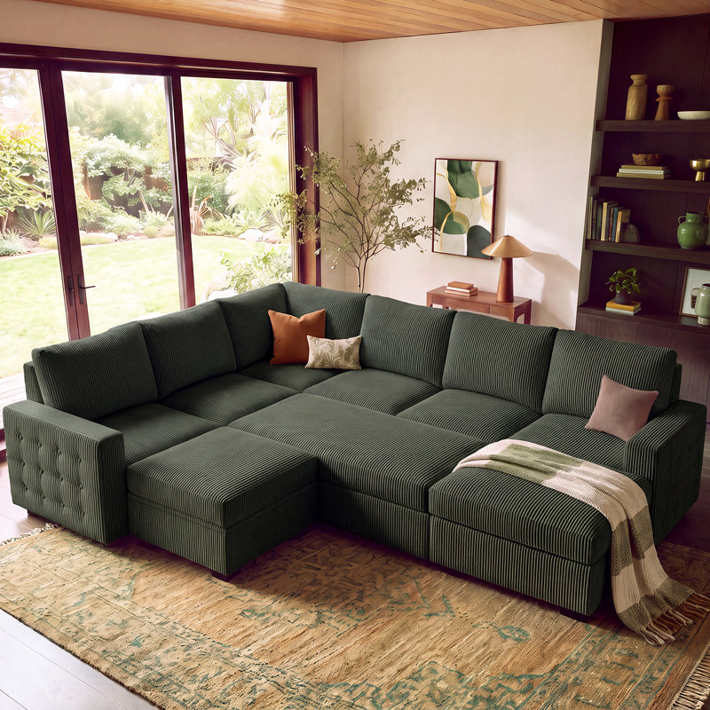 Brunella Corduroy Sleeper Sectional, Green Corduroy