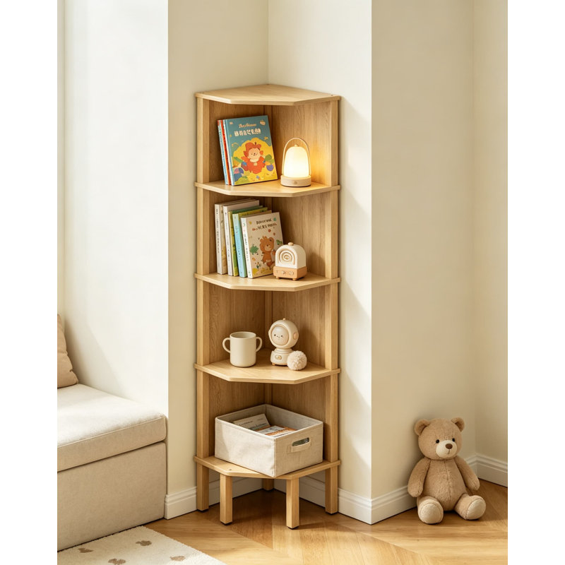 Étagère de coin à cinq niveaux avec rangement intégré, présentoir mural d'angle pour salon, chambre et bureau, finition chêne robuste