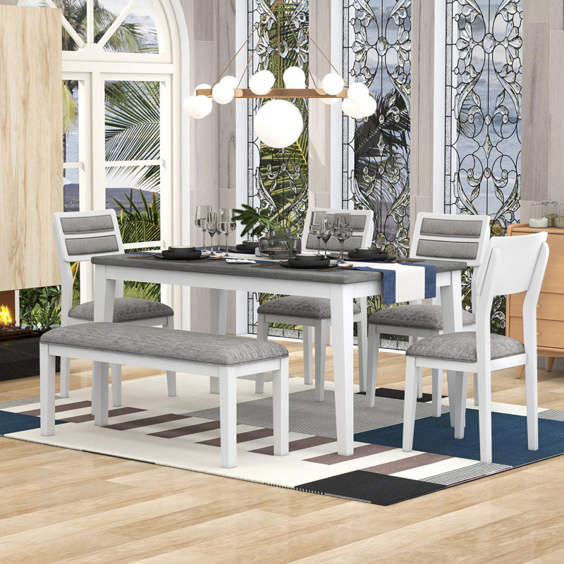 Ensemble de salle à manger 6 pièces de style classique et traditionnel, comprenant une table de salle à manger, 4 chaises rembourrées et un banc