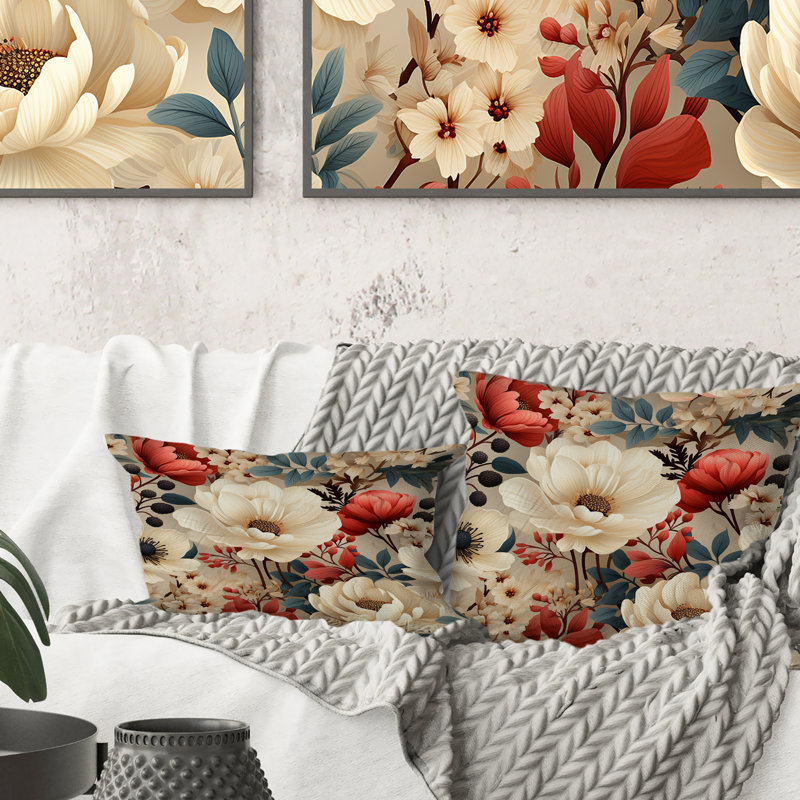 Vintage White Boho Floral Garden Delights I - Floral Printed Throw Pillow, 16" H x 16" W