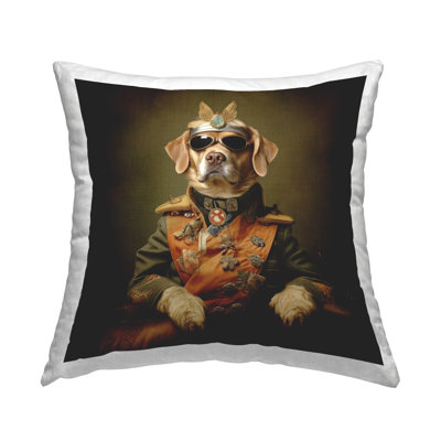 Dog in Military Uniform Decorative Printed Throw Pillow by Lazar Studio