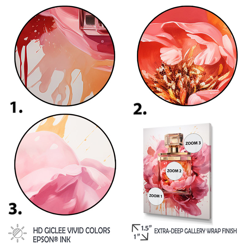 «Pink Poised Petals Perfumes» - Parfums, art mural, Cadre flottant doré, H 44 po x l 34 po x P 1,5 po