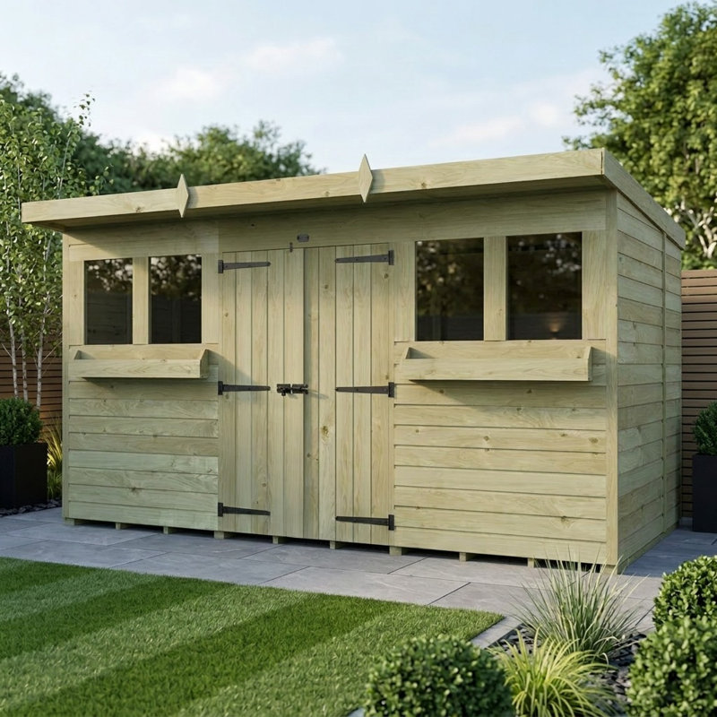 Total Sheds 12ft x 8ft Pent Summer Shed - Toughened Glass External Planters - Pressure Treated Timber - UK Manufactured