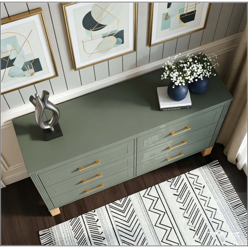 Commode double 6 tiroirs avec style Mid-Century et structure en bois massif, Olive