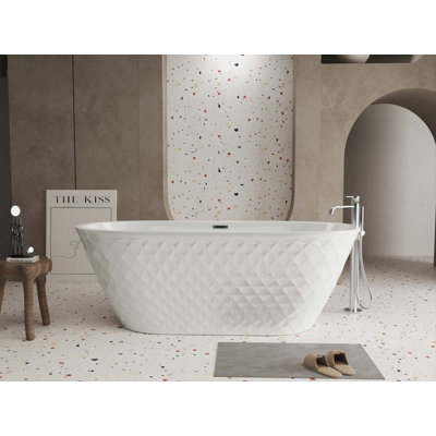 59'' Acrylic Freestanding Bathtub With Unique Diamond Pattern Design: Spacious Oval Shape, Gloss White Finish, Chrome Overflow And Pop-Up Drain
