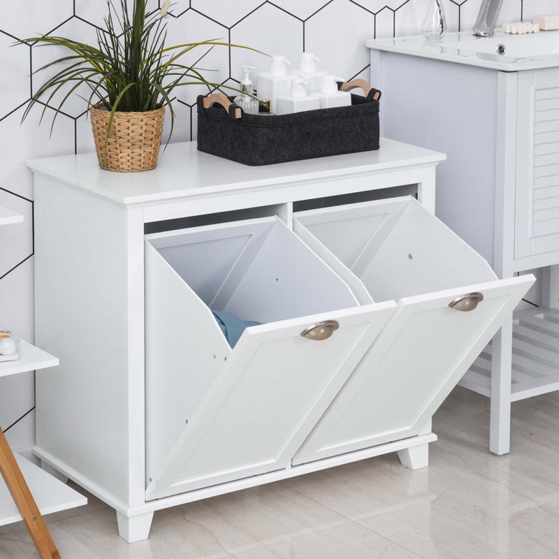 Dual Tilt out Laundry Hamper Cabinet, Bathroom Storage Cabinet with 2-Compartment Hamper, Modern  Floor Cabinet for Washroom,
