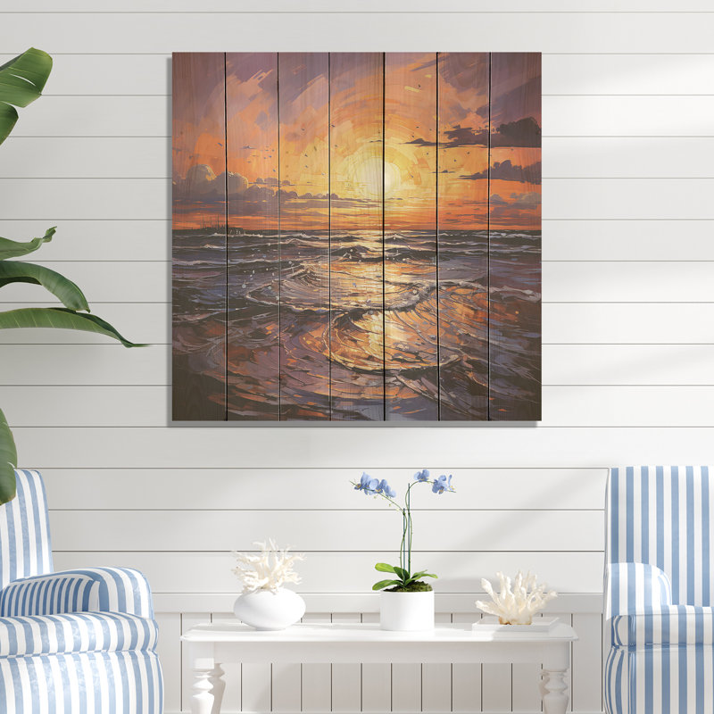 Jaune et mauve, coucher de soleil sur les océans, Étreinte III - Coucher de soleil côtier sur bois, H 36 po x l 36 po