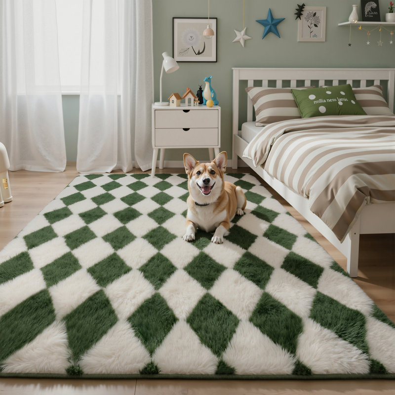 Tapis à poils longs antidérapant moderne lavable à la machine, Green,Ivory, Rectangle 6' x 9'
