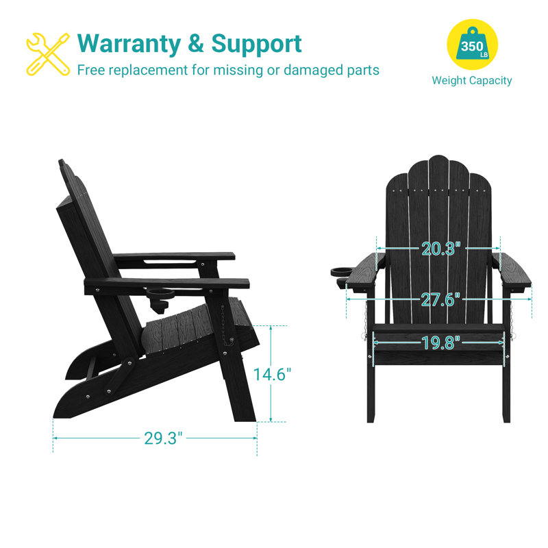 Weather Resistant HDPE Folding Adirondack Chair with Cup Holder, Easy Assemble Outdoor Adirondack Chair for Patio, Yard and Pool