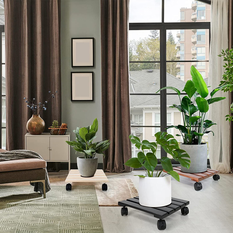 Ensemble de 2 porte-plantes en bois avec roues verrouillables Alladinbox, Brun