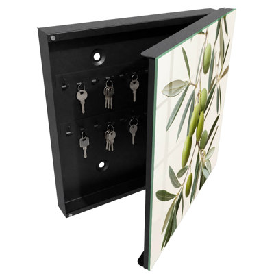Wall mounted key box, Opens to the left, 30x30x5, White, Olive branch and green olives on a cream background, 
