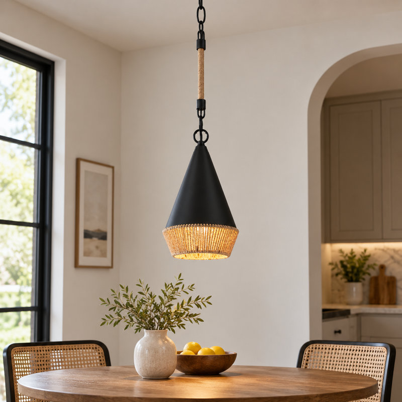 Luminaire suspendu 14 po en corde de chanvre rustique noir à 1 lumière avec abat-jour tissé à la main pour îlot de cuisine