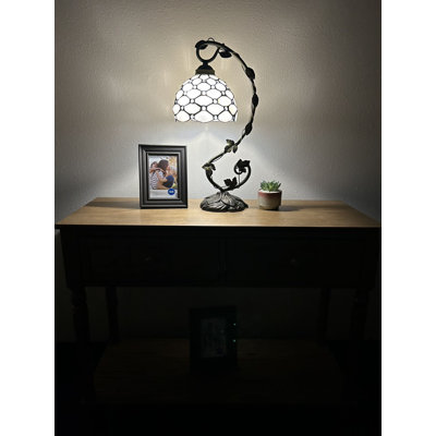 Copan Tiffany Style Table Lamp White Stained Glass Iron Metal Leaves Bronze Base 11"W*8"D*21"H