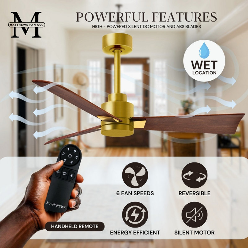 Alessandra Outdoor Downrod Ceiling Fan, Brushed Brass, Walnut