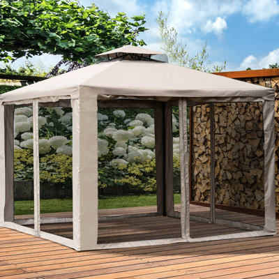 Pavillon de jardin 9,6 'X avec auvent, 2 toits et filet. Blocage, terrasse en acier faite pour la cour de jardin, taupe, pavillon de jardin spacieux, auvent, cadre, filet, jardin de résistance, pelouse, cour arrière