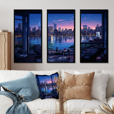 Blue NYC At Night Window View III - New York City Wall Art