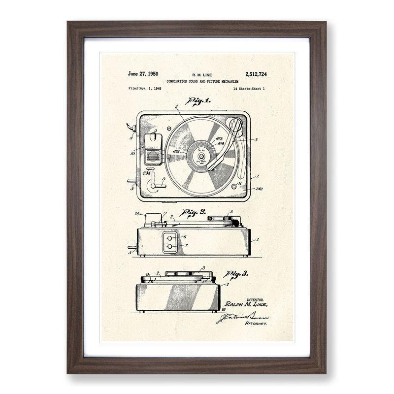 Record Player Patent - Picture Frame Graphic Art, Walnut Framed, 65cm H x 48cm W x 2cm D