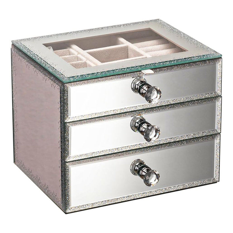 Boîte à bijoux avec miroir - Rangement à bijoux à 3 couches avec 2 tiroirs, doublure en velours et verre décoratif pour colliers, bagues, boucles d'oreilles
