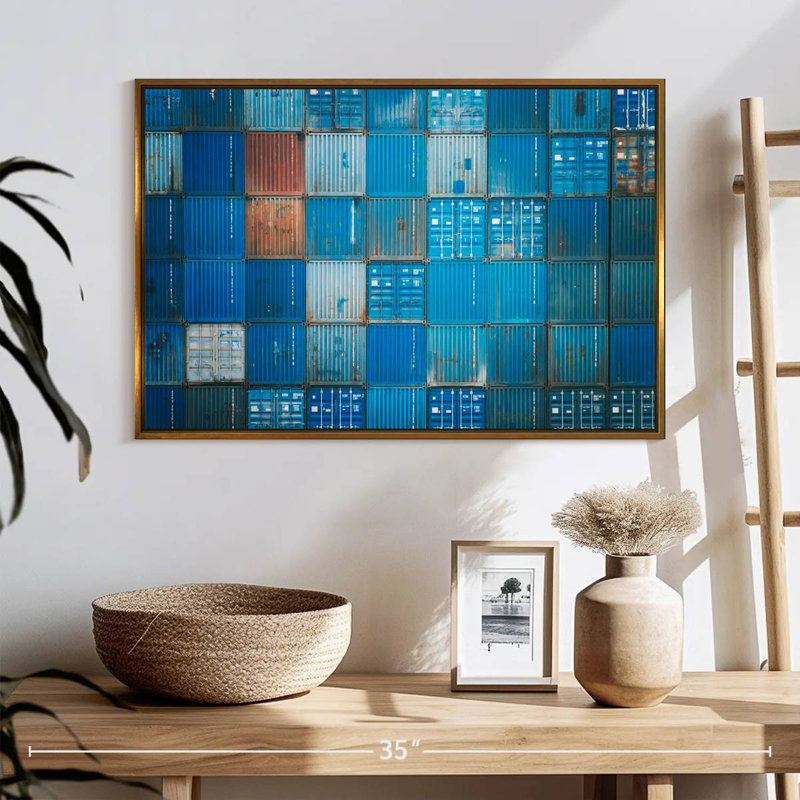 Blue Cargo Containers, 25" X 17", Floating Frame Gold