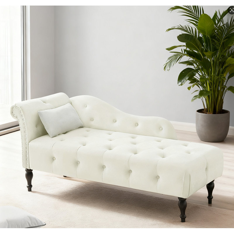 60.6" Velvet Chaise Lounge Buttons Tufted Nailhead Trimmed, White