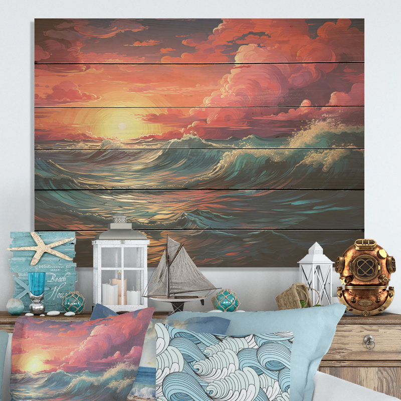 Rainbow Beach Sunset I - océan, art sur bois de pin naturel, H 10 po x l 20 po