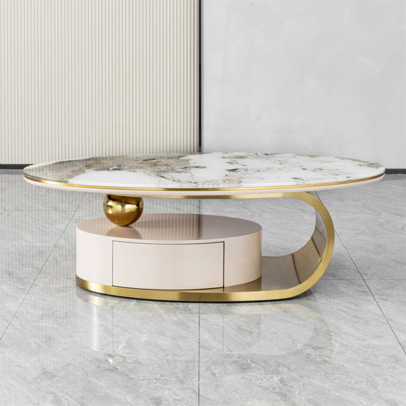 Table basse ovale de luxe avec tiroir, plateau en verre imprimé et structure en acier inoxydable brossé pour les salons modernes