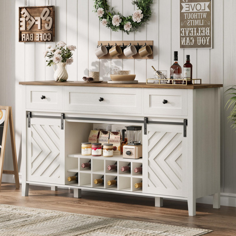 59" Sideboard Buffet Cabinet with Barn Door, 3 Drawers, Adjustable Shelf & Removable Wine Rack, White