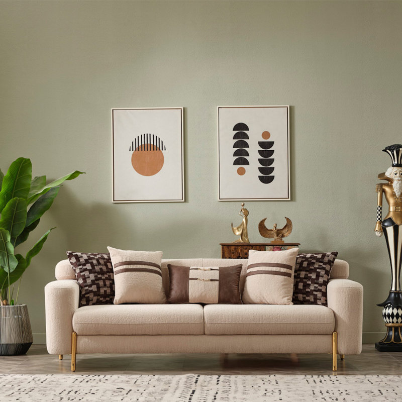 Canapé Shelby moderne capitonné beige Orkide avec pieds dorés