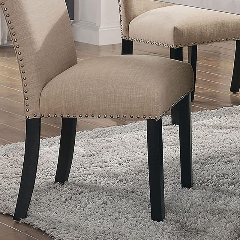 Ensemble de salle à manger 7 pièces - Table en marbre véritable blanc + 6 chaises beiges en lin avec garniture cloutée, Beige