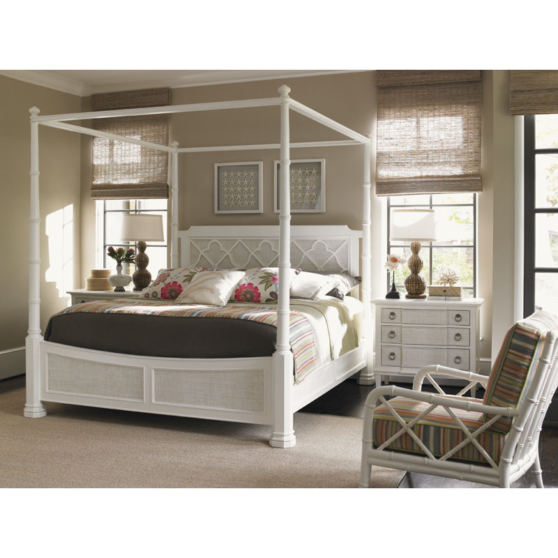 White Wood Queen Poster Bed with Upholstered Headboard