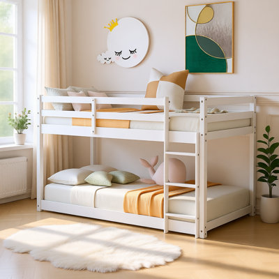 Twin over Twin Low Floor Bunk Bed with Ladder, Solid Wood Frame, Safety Guardrails, Space-Saving Design for Kids Bedroom