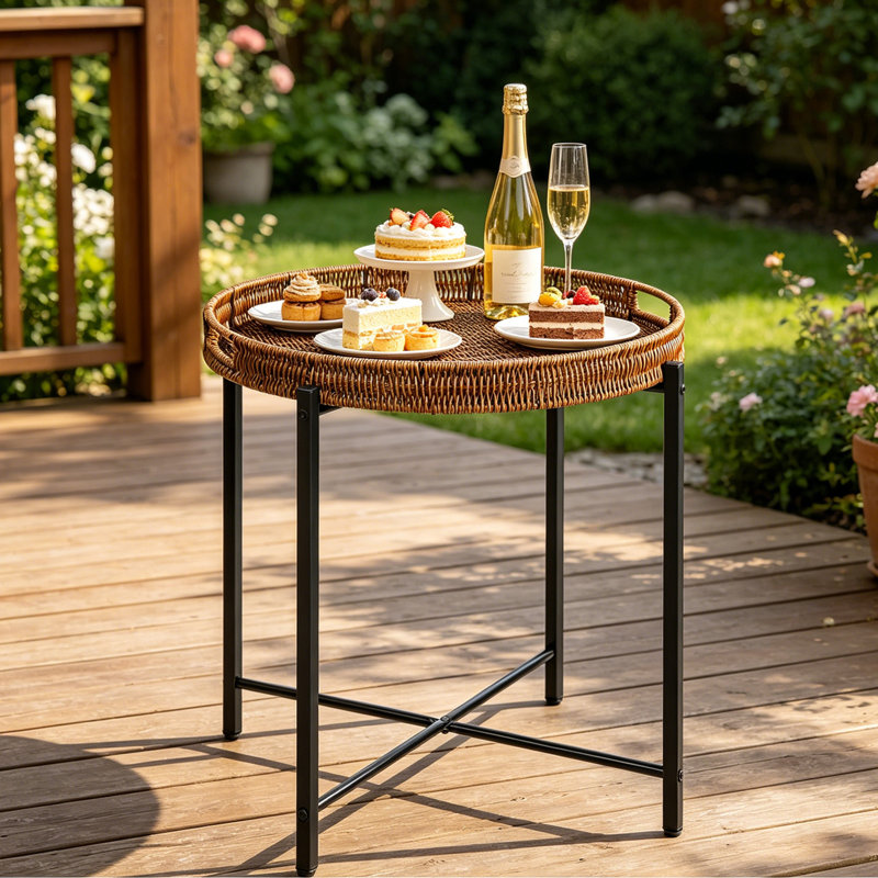 Table de bout en rotin en plastique tissé à la main avec plateau réversible (à utiliser comme table ou plateau de service), pour le salon, le balcon de la chambre à coucher