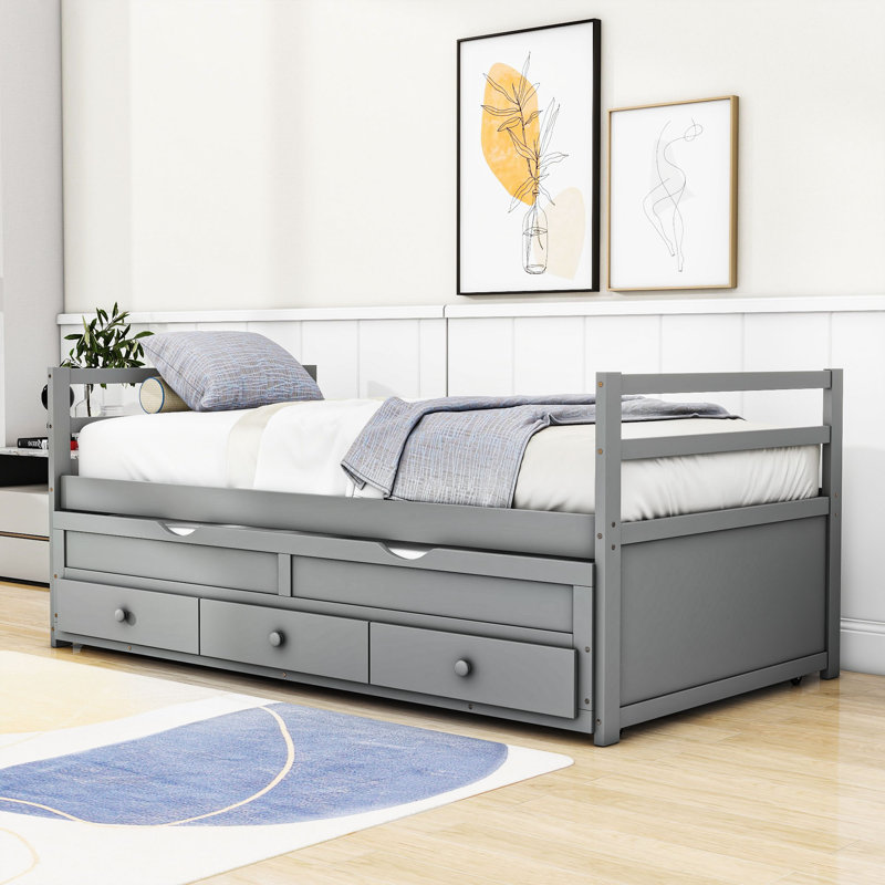 Lit simple avec lit gigogne coulissant et tiroirs de rangement, Gris