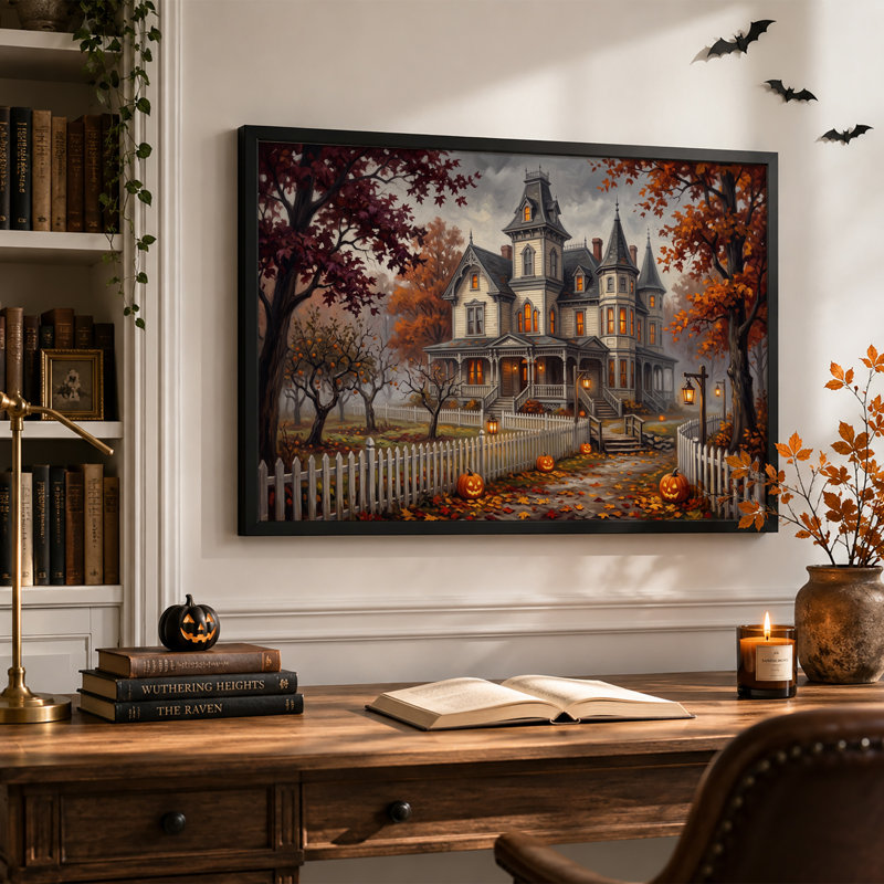 Toile victorienne avec feuilles d'automne et Jack O Halloween, 16"H x 24"W