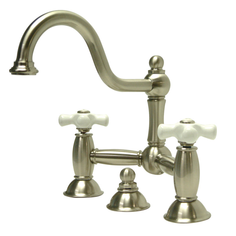Kingston Brass Restoration Two-Handle 3-Hole Deck Mount Bridge Bathroom Faucet with Brass Pop-Up, Satin Nickel