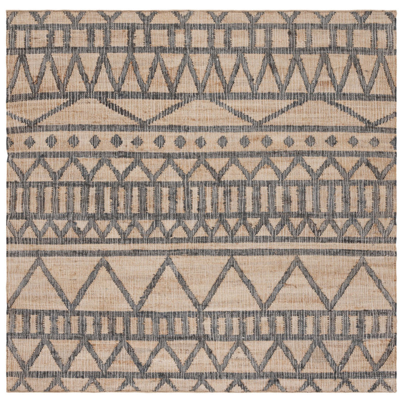 Heer Hand Loomed Jute/Cotton Chevron Rug in Natural/Charcoal, Square 7'