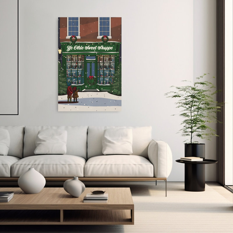 Snowy Sweet Shop Night Traditional Whimsical Abstract Winter Architecture Wall Art Print by Nicholas - Wrapped Canvas Print