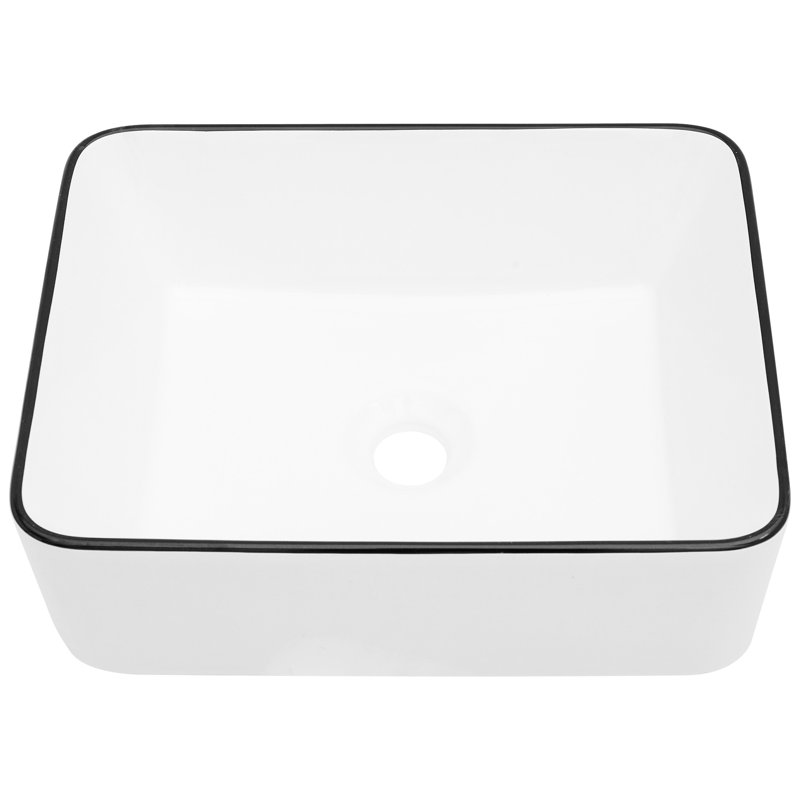 Lavabo vasque en céramique blanche 16 X 12 pouces - Décoration de salle de bain fusion classique et moderne, Blanc/Noir