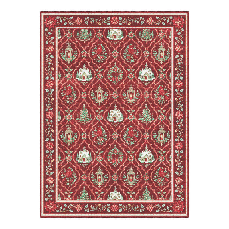 Tapis de salle à manger lavable à poils courts, motif animalier de Noël poinsettia et cardinal rouge/vert