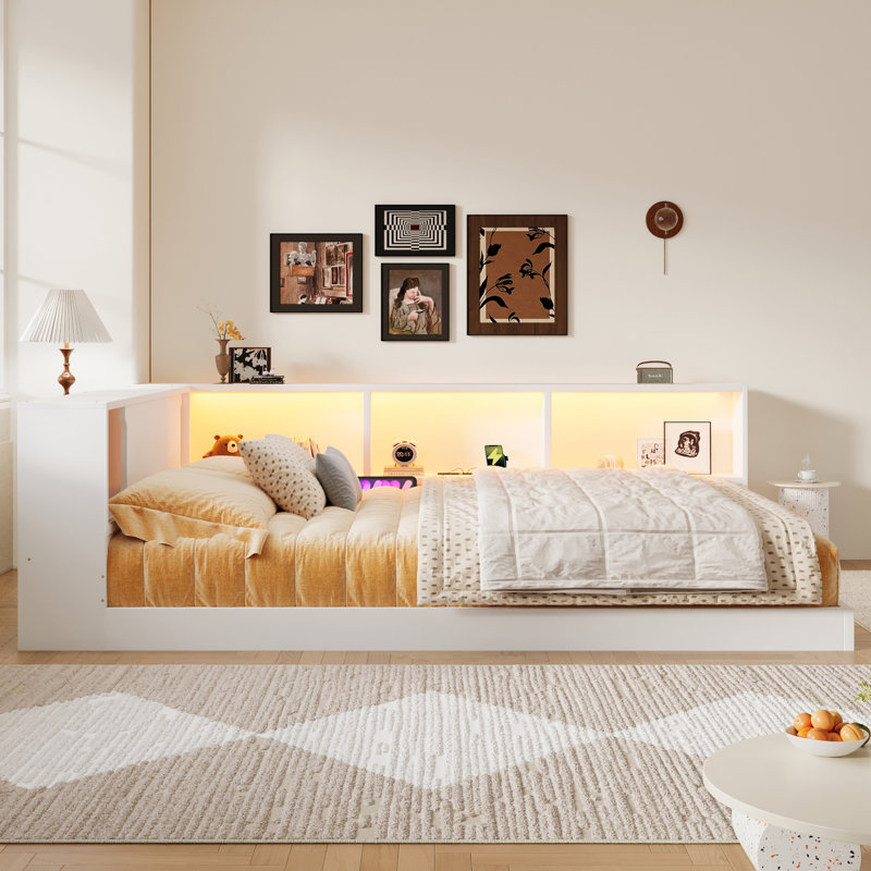 Wooden Daybed with Storage Shelves, USB Ports & LED Lighting, White