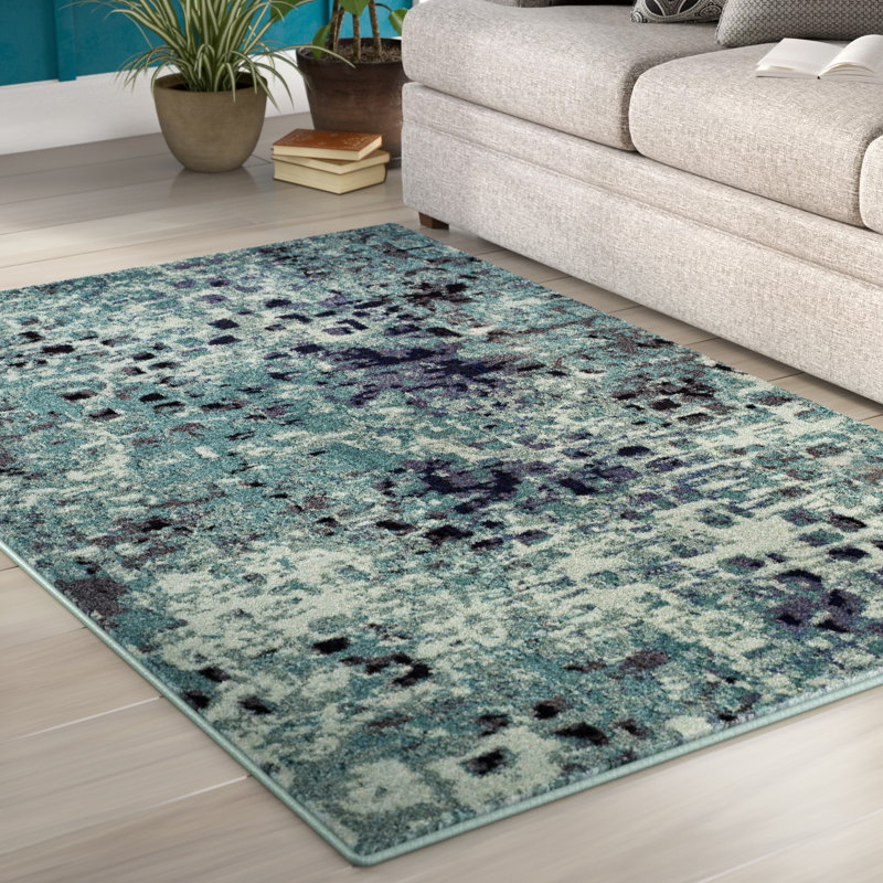 Tapis abstrait bleu clair / multicolore Hertzler, Rectangle 4 pi x 5 pi 7 po